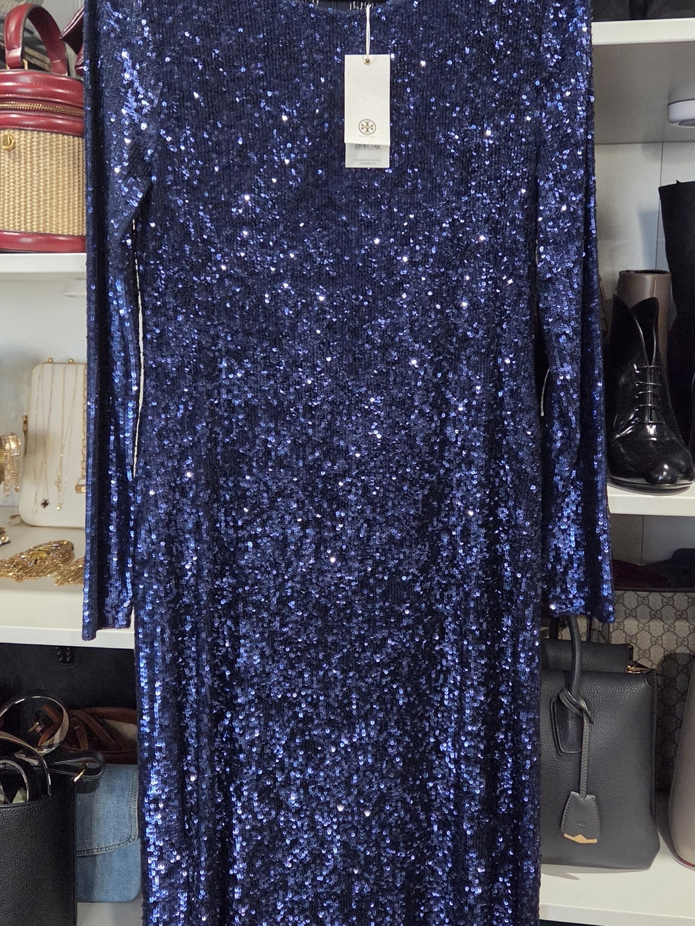 Tory Burch Midnight Blue Sequin Long-Sleeve Dress